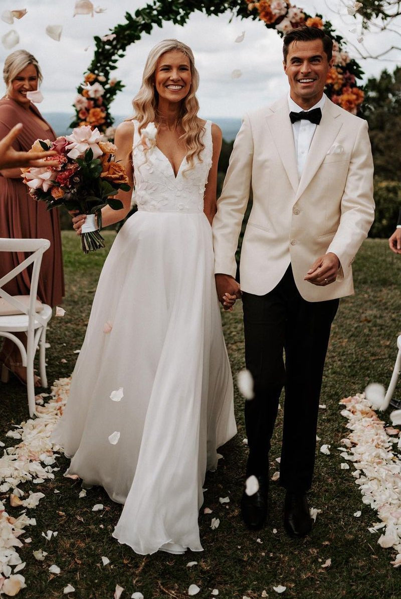 Zuri | Elegant A-Line V Neck White Chiffon Wedding Dress with Appliques