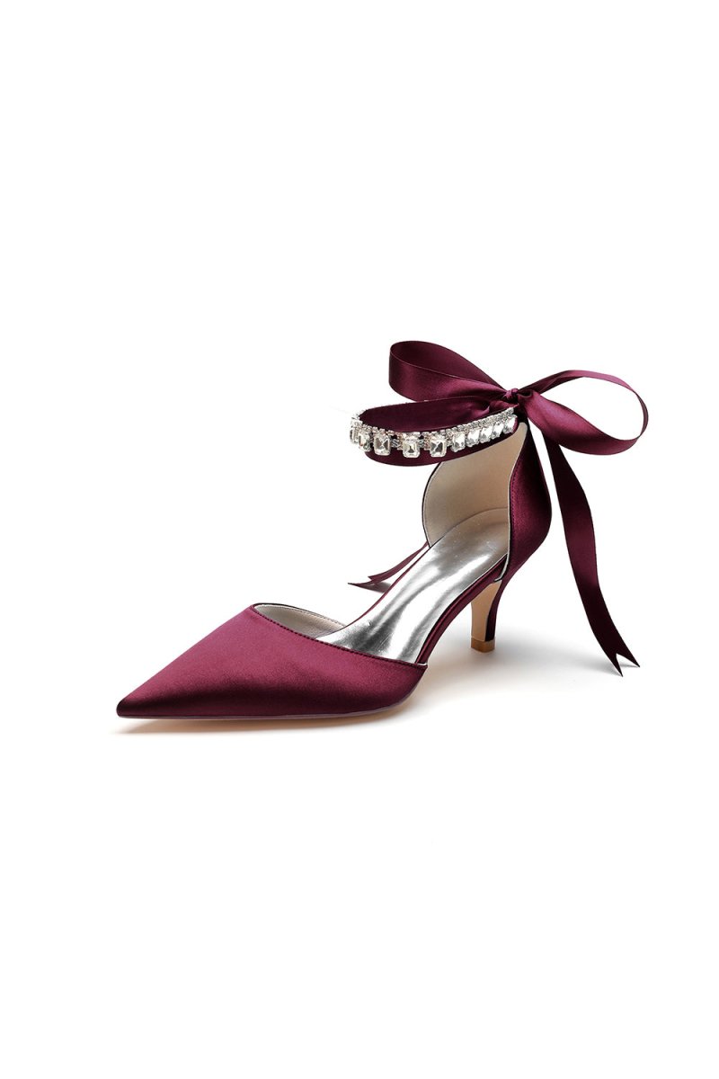 Pointed Toe Ribbons Kitten Heels With Diamond - KissProm