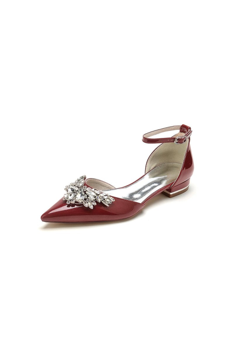 Pointed Toe Patent Leather Flats with Crystal Embellishment - KissProm