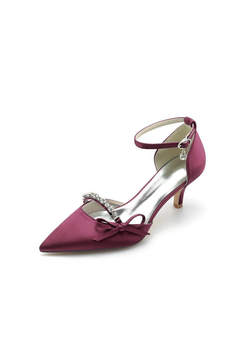 Pointed Toe Rhinestone Kitten Heels With Bow - KissProm