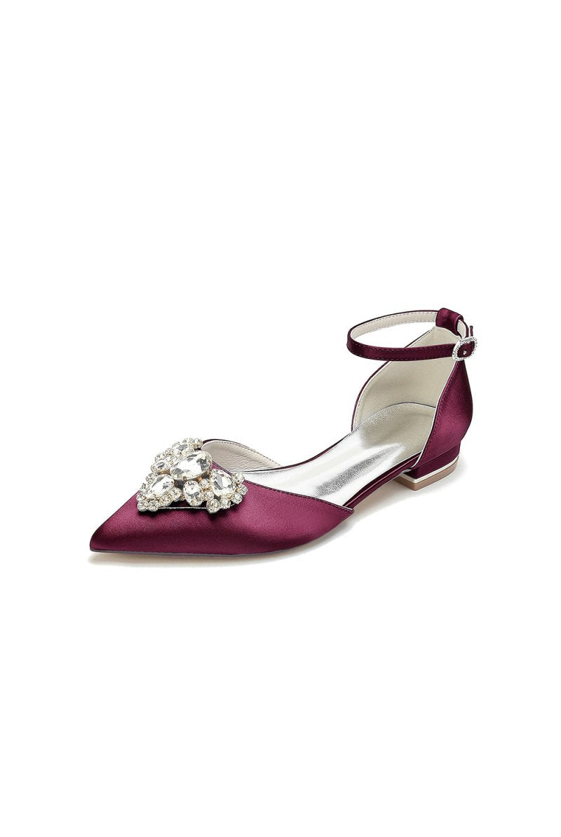 Satin Pointed Toe Ankle Strap Rhinestone Kitten Heels - KissProm