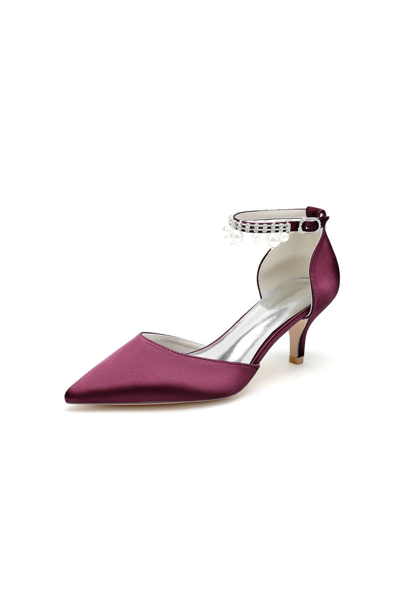 Pointed Toe Pearl Strap Kitten Heels - KissProm