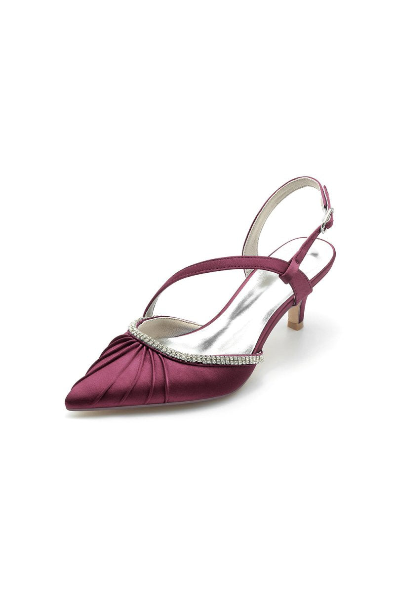 Satin Pointed Toe Slingback Heels with Rhinestone - KissProm