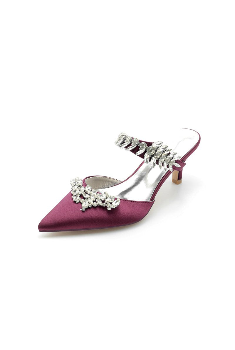 Satin Pointed Toe Mules with Crystal Rhinestone - KissProm