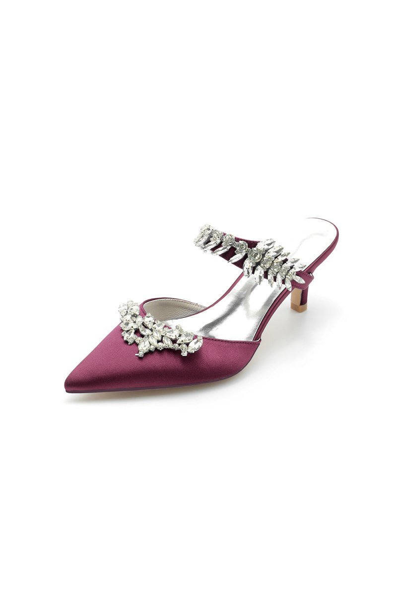 Satin Pointed Toe Mules with Crystal Rhinestone - KissProm