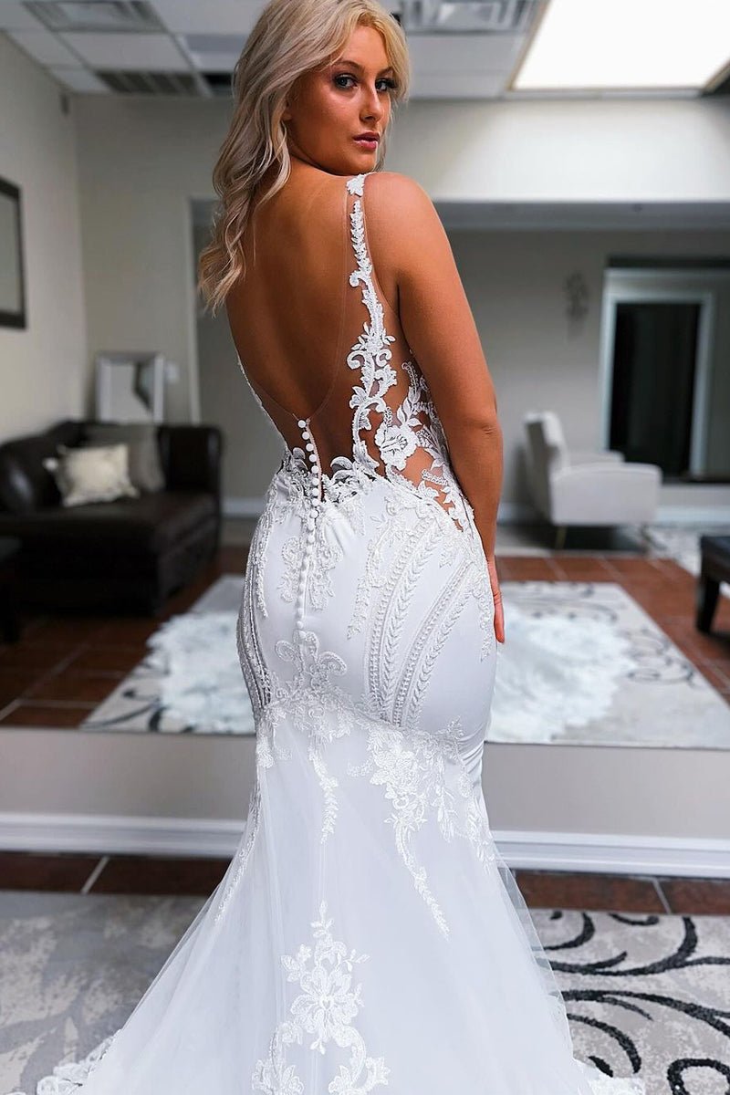 Mermaid V Neck Satin Lace Wedding Dresses
