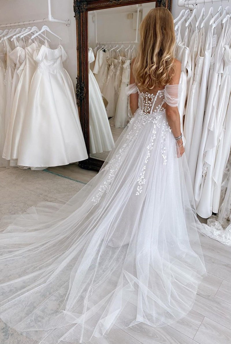 A - Line Sweetheart Tulle Appliques Wedding Dresses - KissProm