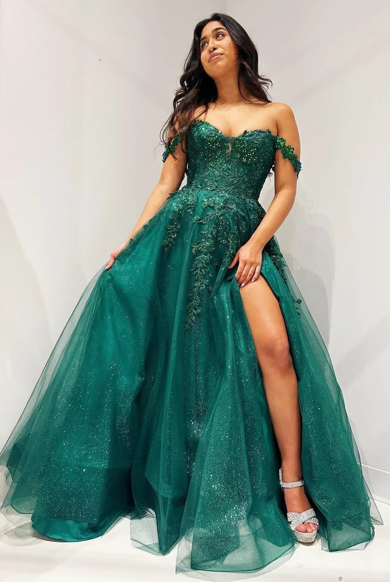 Elliana | Glitter Emerald Appliques Off-the-Shoulder A-Line Long Prom Dress