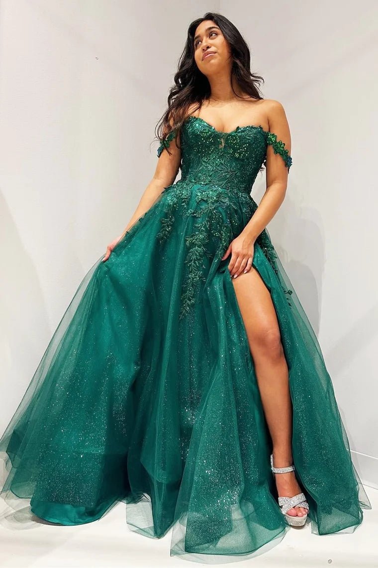 Glitter Emerald Appliques Off-the-Shoulder A-Line Long Prom Dress Emerald / 00 Glitter Emerald Appliques Off-the-Shoulder A-Line Long Prom Dress Emerald / 00