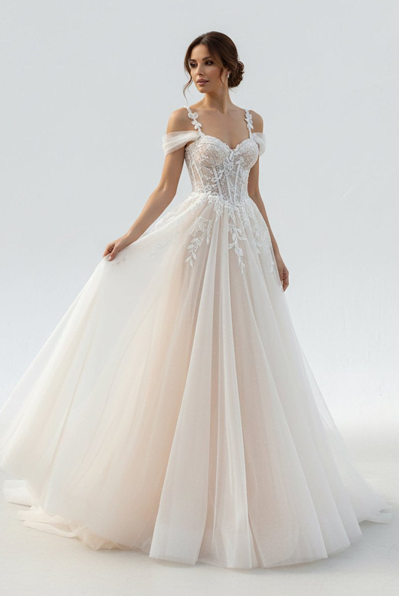 Elodika | A - Line Off - The - Shoulder Tulle Wedding Dresses With Appliques Lace - KissProm
