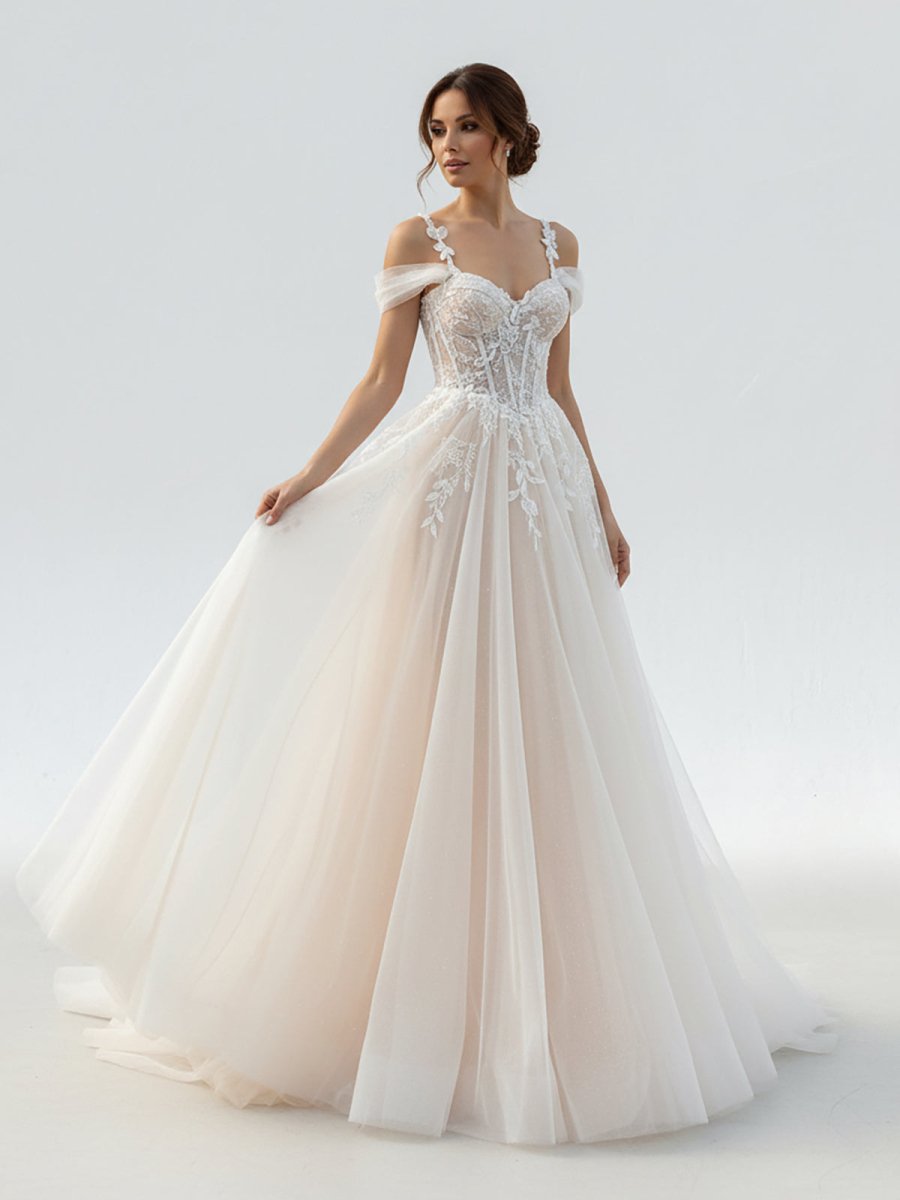 Elodika | A - Line Off - The - Shoulder Tulle Wedding Dresses With Appliques Lace - KissProm