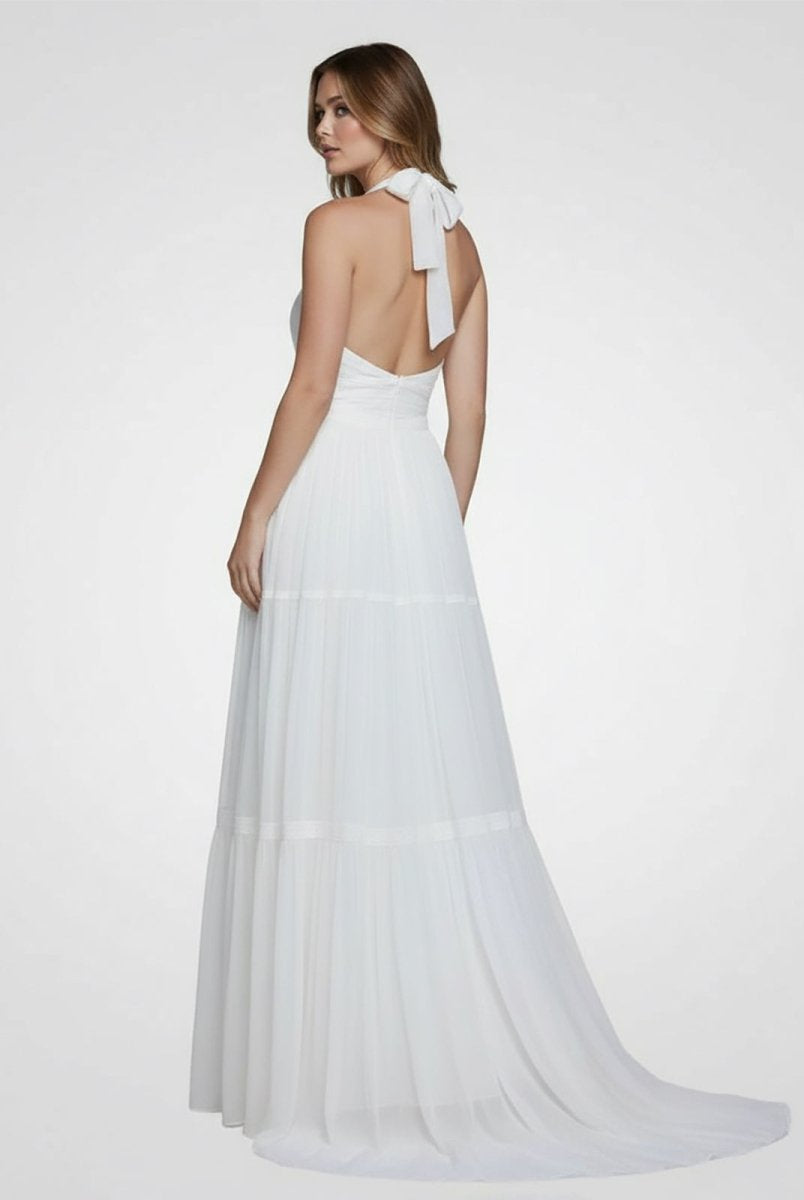 Bohemian Halter A Line Tulle Brush Train Wedding Dress with Ruching - KissProm