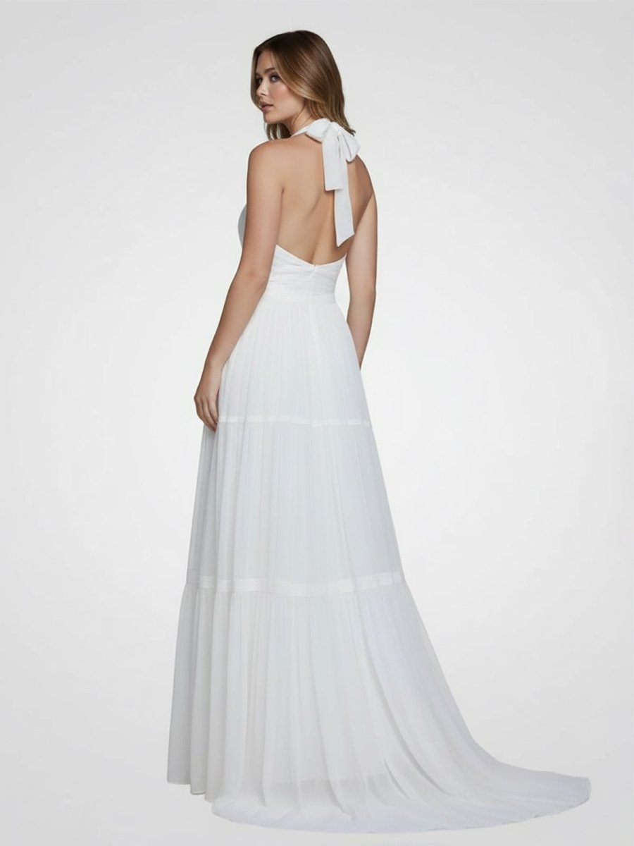 Bohemian Halter A Line Tulle Brush Train Wedding Dress with Ruching - KissProm