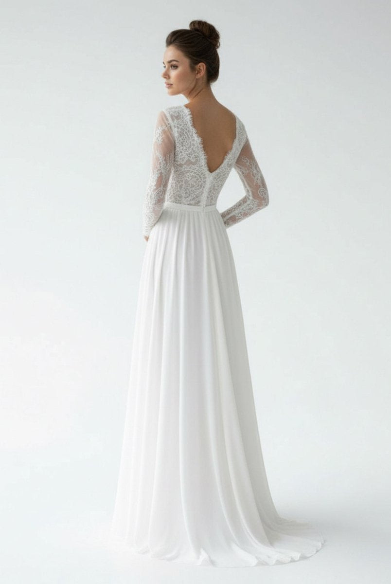 Romantic Modern A Line Floor - length Chiffon Lace V - neck Long Sleeve Wedding Dress - KissProm