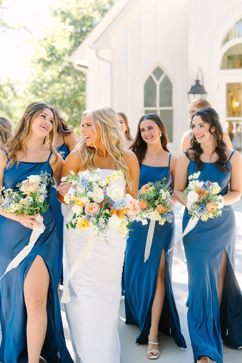 Simple Mermaid Spaghetti Straps Blue Long Bridesmaid Dresses with Bow Back
