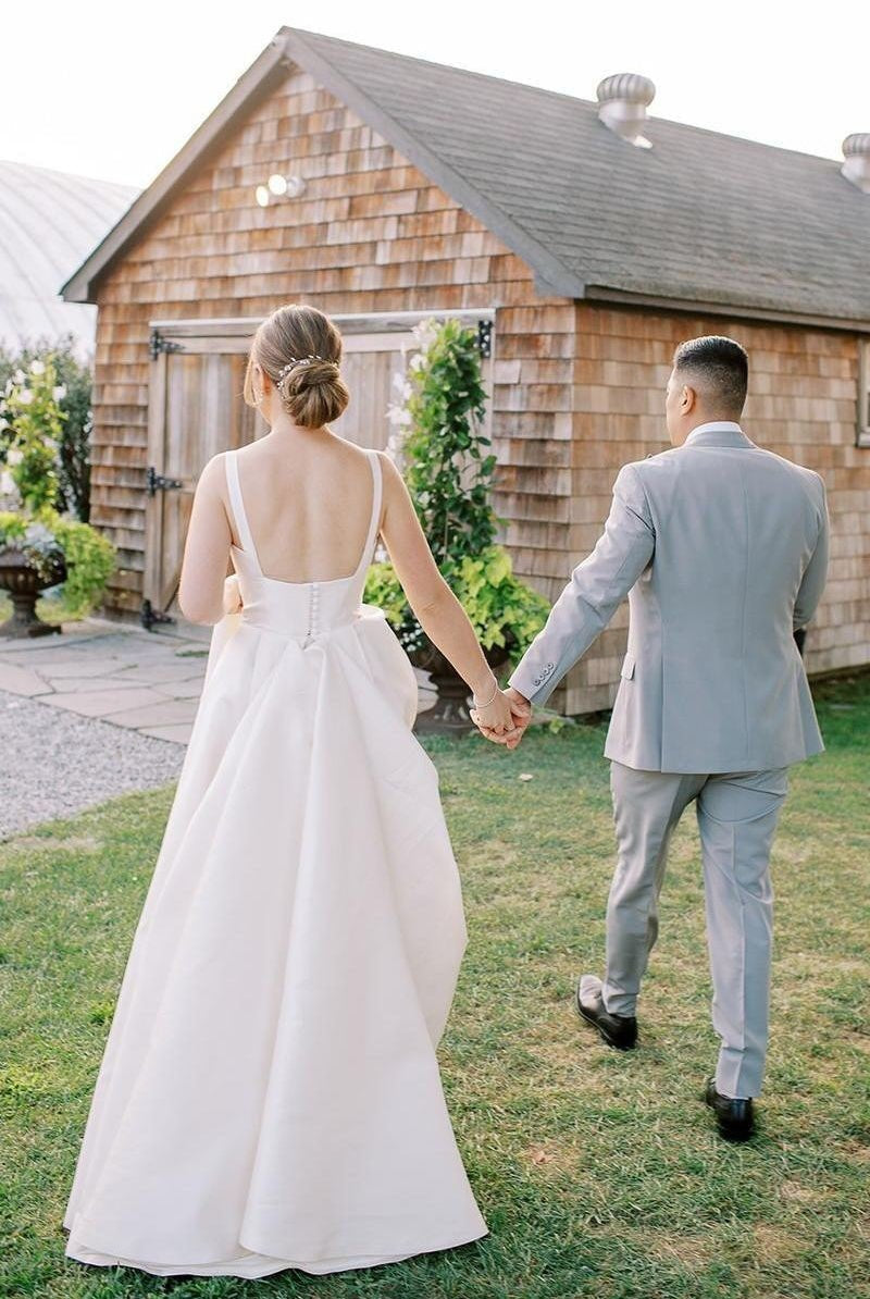 Simple A - Line Square Neck Satin Wedding Dress - KissProm