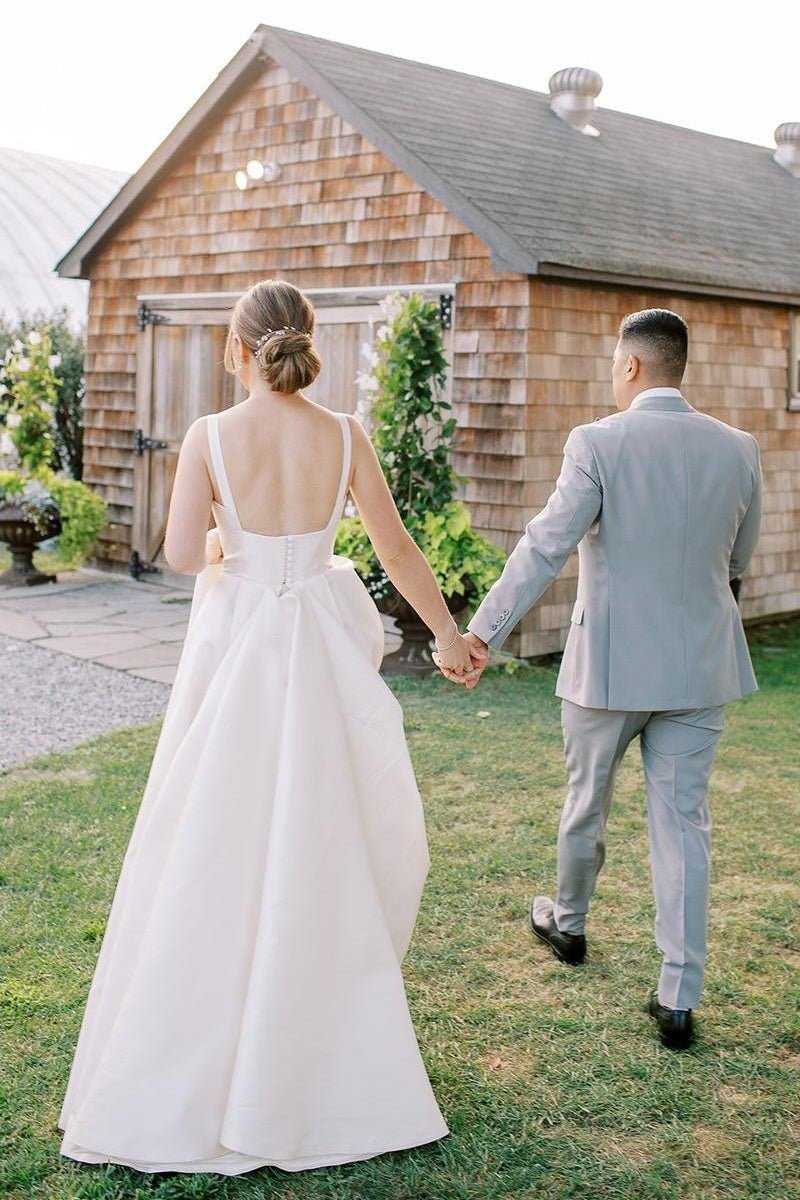 Simple A - Line Square Neck Satin Wedding Dress - KissProm