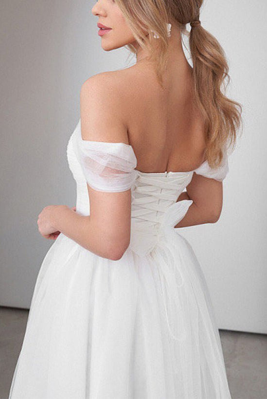 Sweet A-Line Off-The-Shoulder Little White Tulle Wedding Dresses