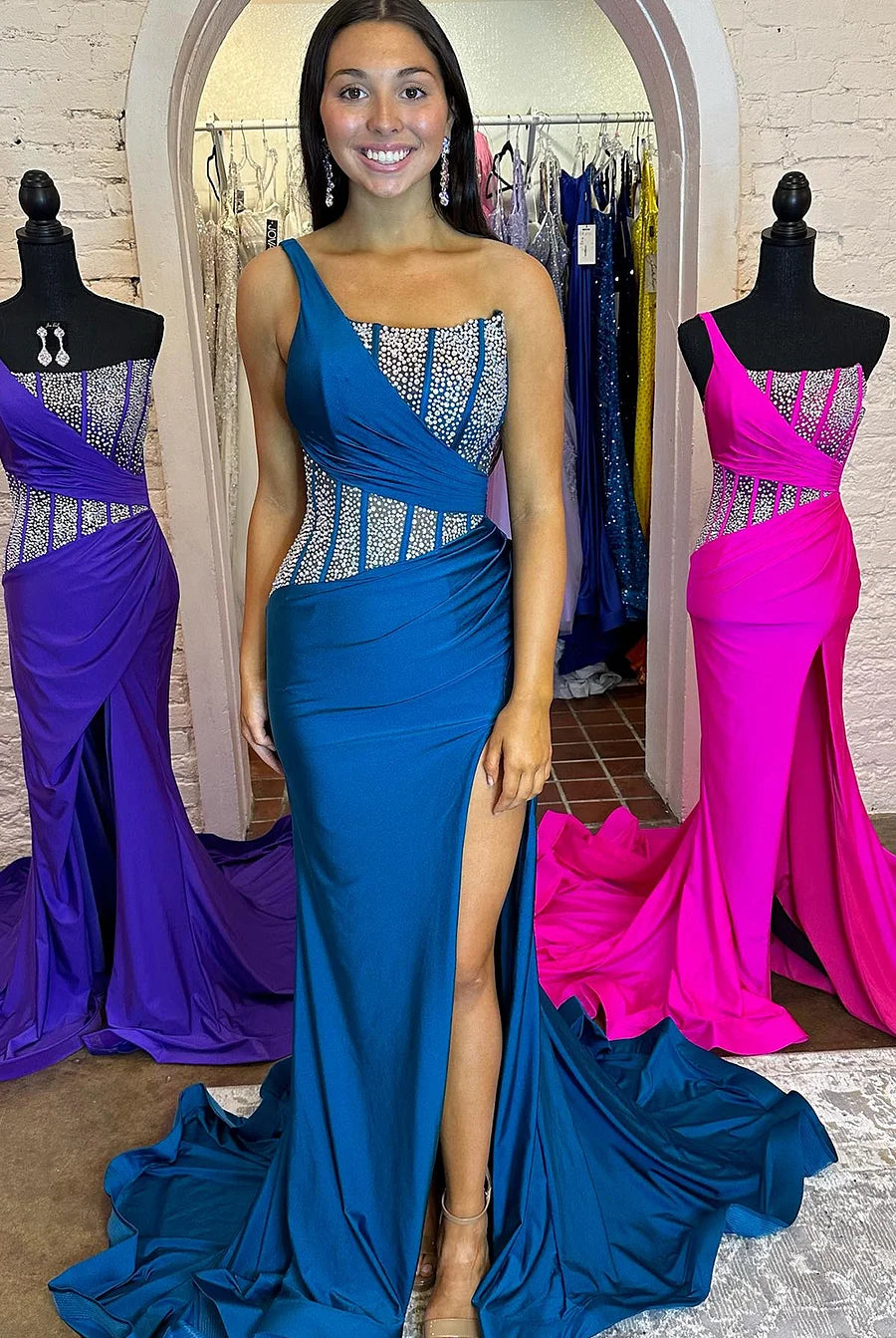 Laylani | Blue Mermaid One Shoulder Long Prom Dresses with Beaded