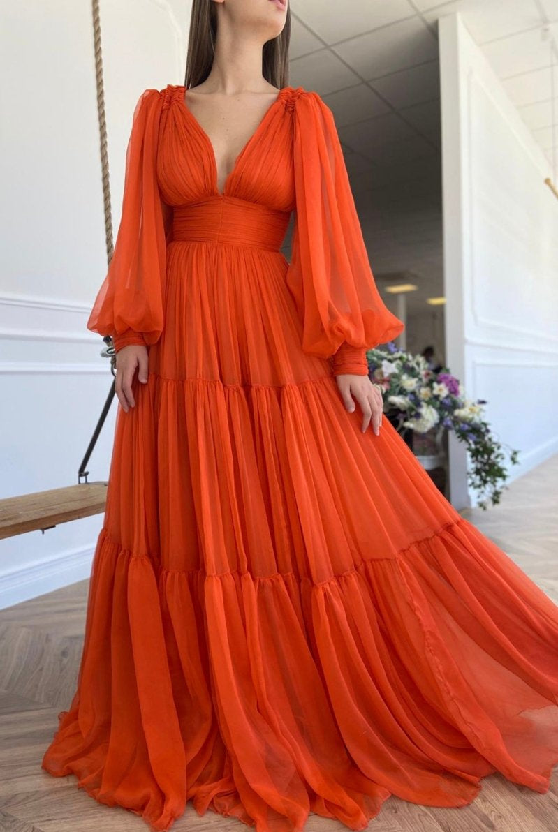 Iyla | Orange Chiffon Floor Length Prom Dress, Long Sleeve Evening Party Dress - KissProm
