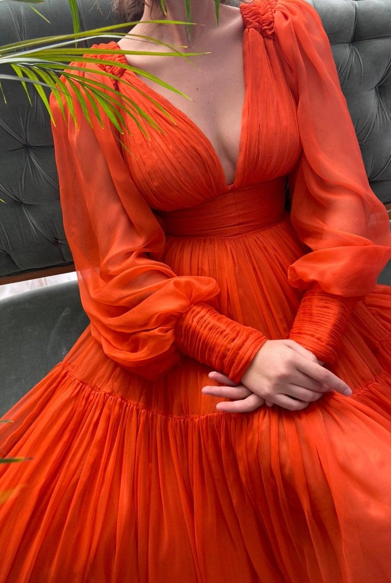 Iyla | Orange Chiffon Floor Length Prom Dress, Long Sleeve Evening Party Dress - KissProm