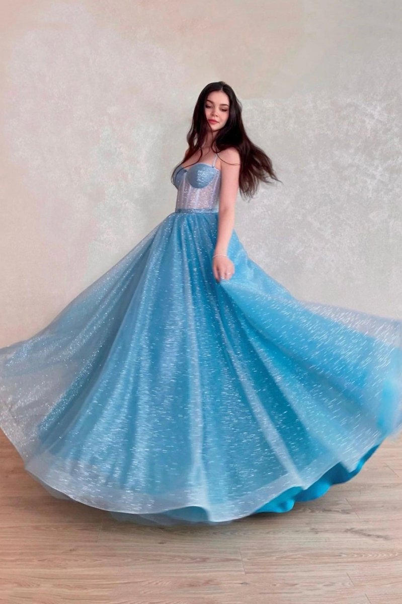 Mavis | Blue Tulle Long A - Line Prom Dress, Blue Lace - Up Evening Dress with Corset - KissProm