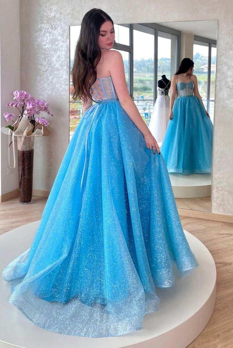 Mavis | Blue Tulle Long A - Line Prom Dress, Blue Lace - Up Evening Dress with Corset - KissProm