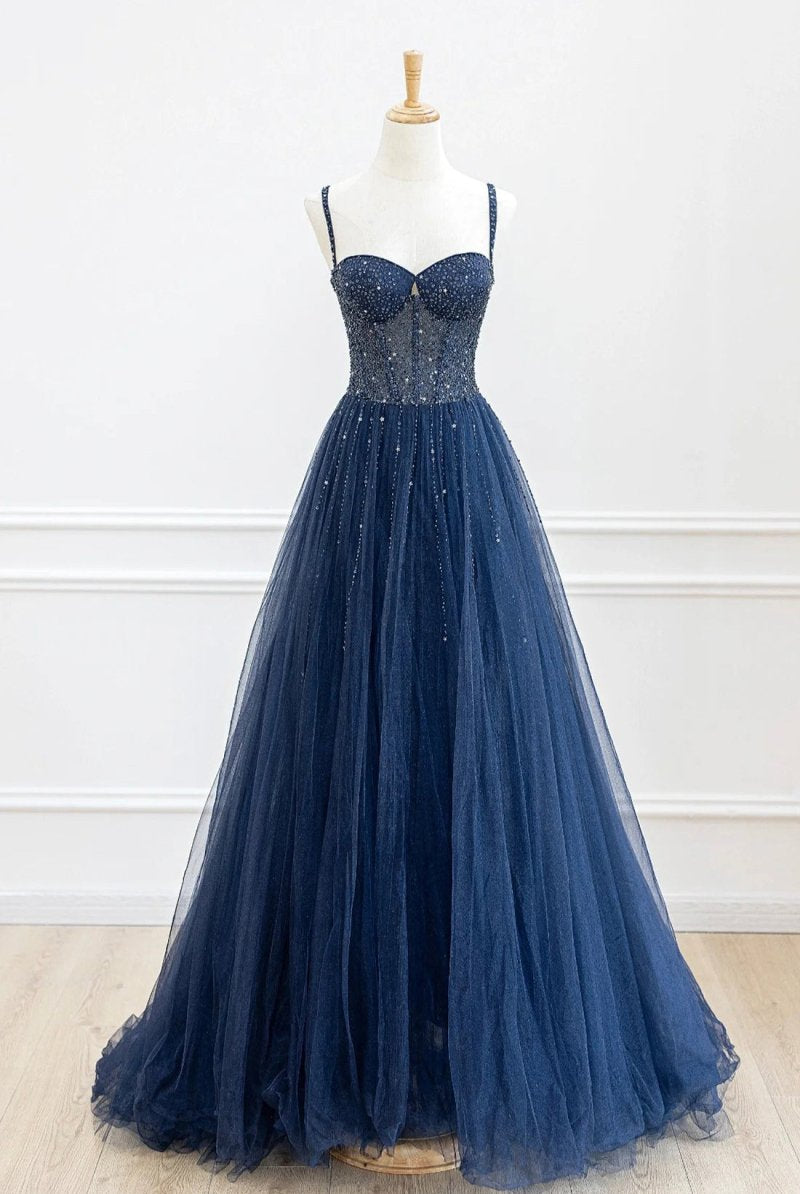 Marceline | Blue Tulle Beaded Long Prom Dress Formal Dress