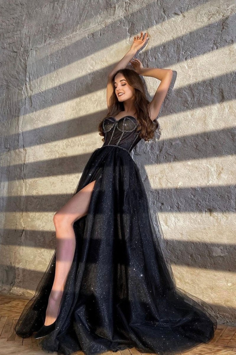 Zendaya | Black Shiny Tulle Floor Length Prom Dress Black Evening Dress with Slit - KissProm