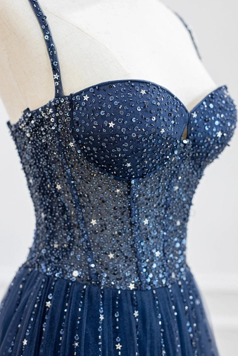 Marceline | Blue Tulle Beaded Long Prom Dress Formal Dress