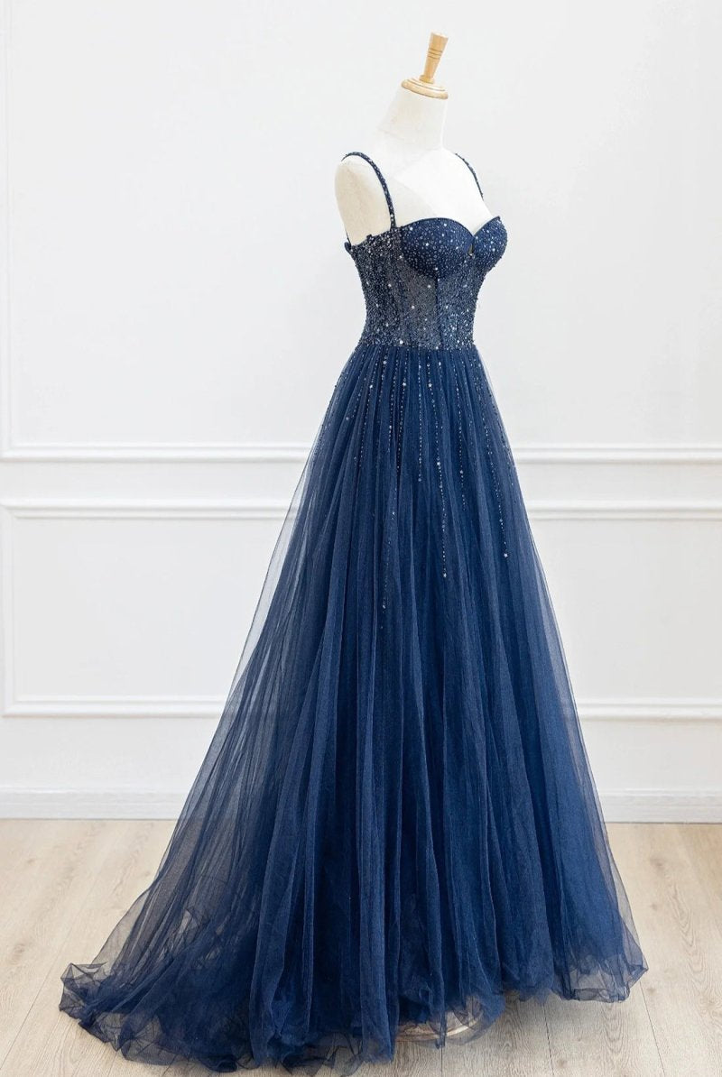 Marceline | Blue Tulle Beaded Long Prom Dress Formal Dress