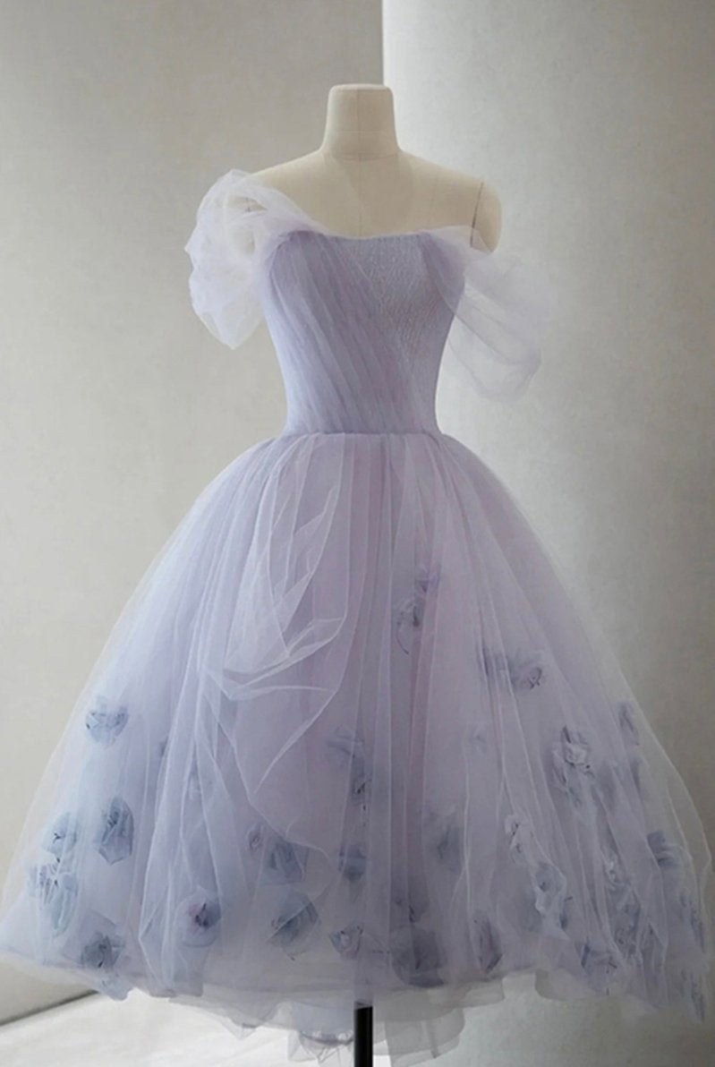 Kenna | Purple Tulle Short A-Line Prom Dress Cute Off the Shoulder Party Dress
