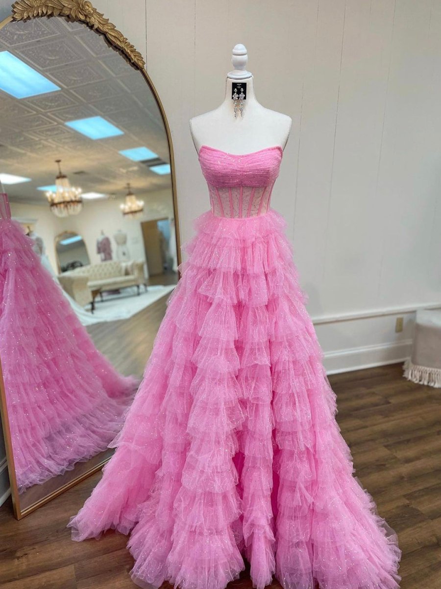 Glitter Champagne A Line Corset Strapless Prom Dress With Slit