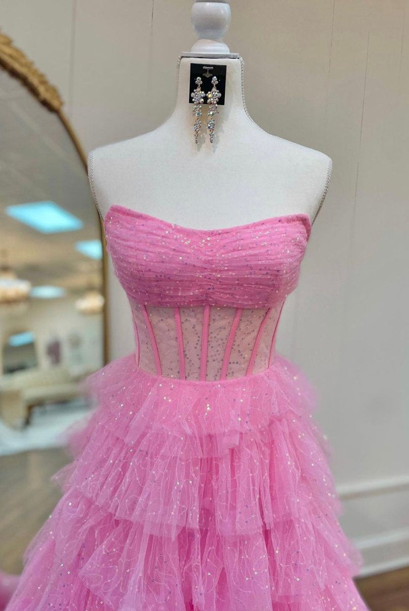 Aubriella |A Line Strapless Corset Glitter Tulle Prom Dress with Ruffles