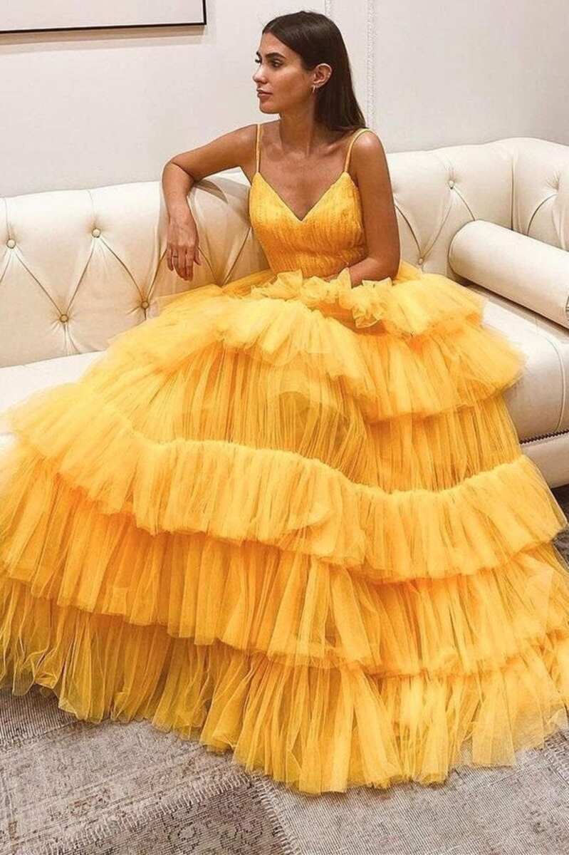 Princess Tiered Yellow Tulle Straps Backless Long Prom Dress - KissProm