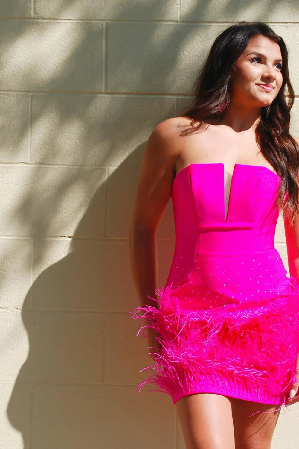 Fuchsia Strapless Bodycon Homecoming Dress with Feather - KissProm