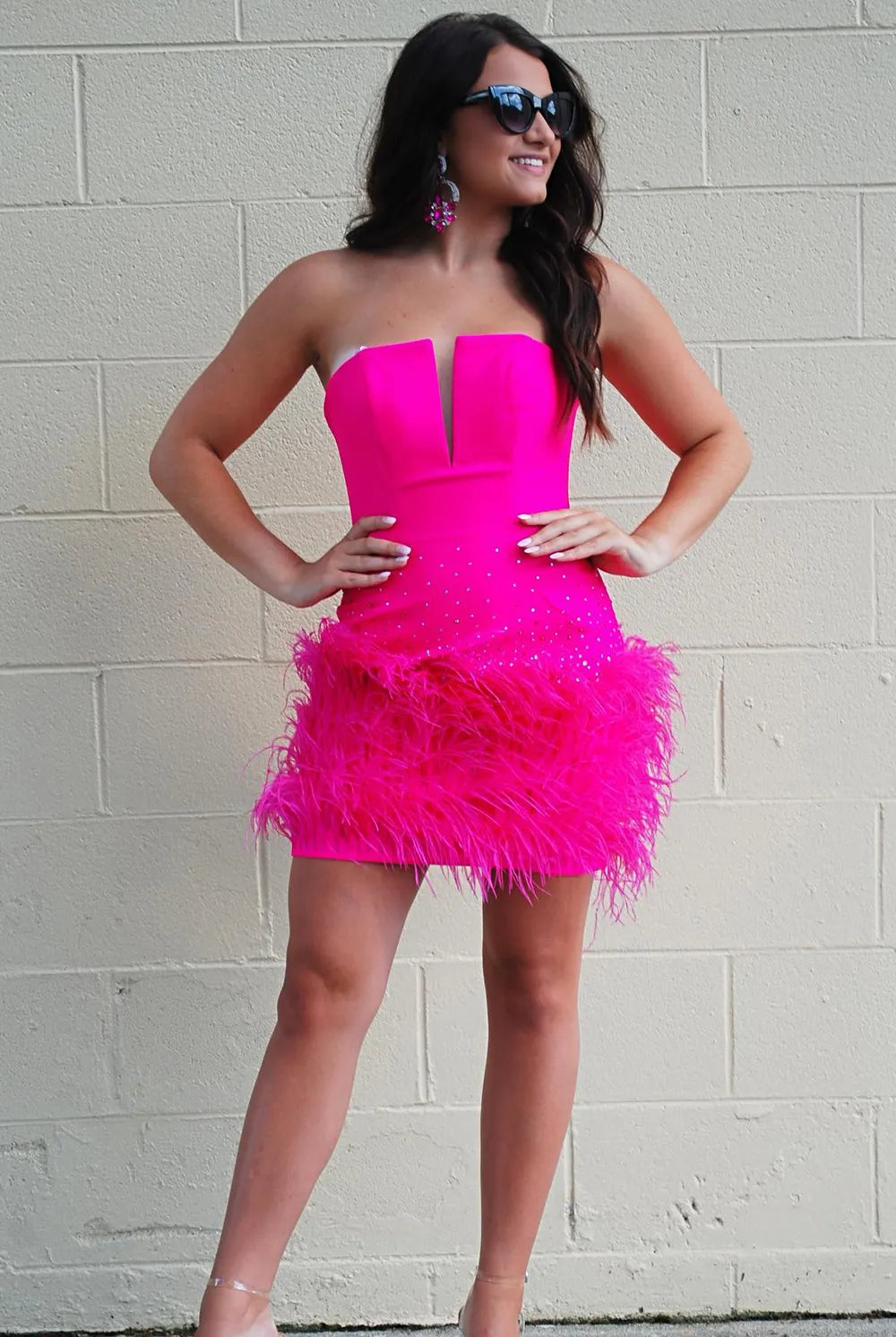 Fuchsia Strapless Bodycon Homecoming Dress with Feather - KissProm