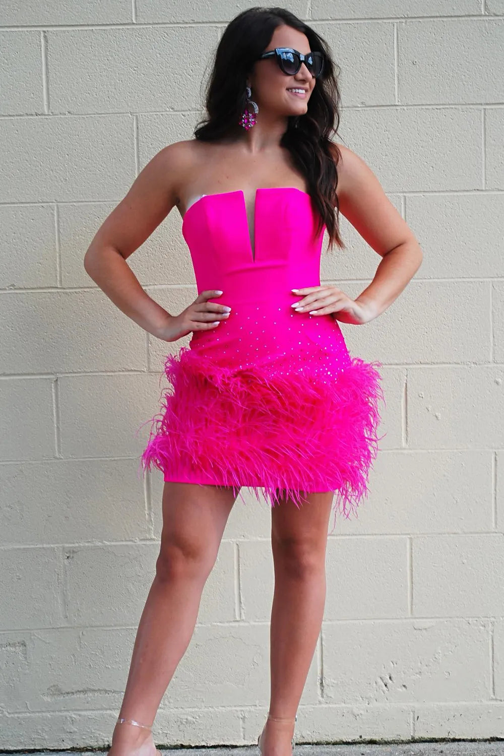 Fuchsia Strapless Bodycon Homecoming Dress with Feather - KissProm