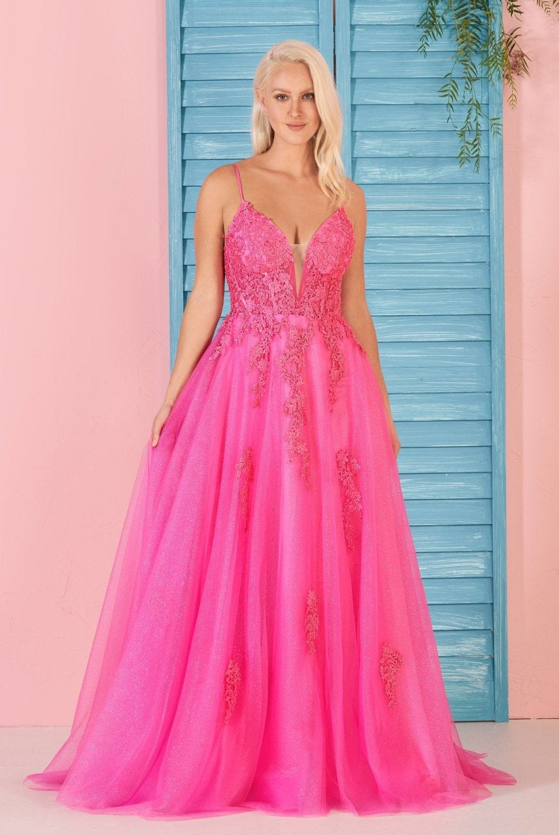 Angelina | A Line V Neck Pink Lace Long Prom Dress - KissProm