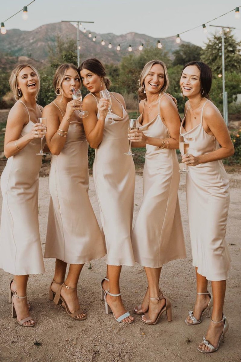 Spaghetti Straps Cowl Neck Tea-Length Champagne Sheath Bridesmaid Dress, Champagne / 2 Spaghetti Straps Cowl Neck Tea-Length Champagne Sheath Bridesmaid Dress, Champagne / 2
