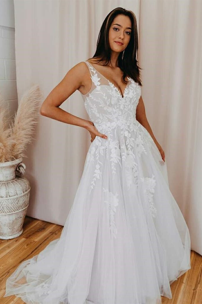 Malaya | A-Line V Back Long White Wedding Dress with Lace Appliqued