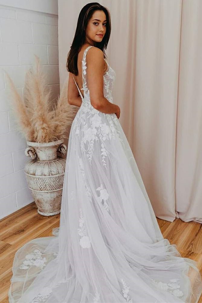 Malaya | A-Line V Back Long White Wedding Dress with Lace Appliqued