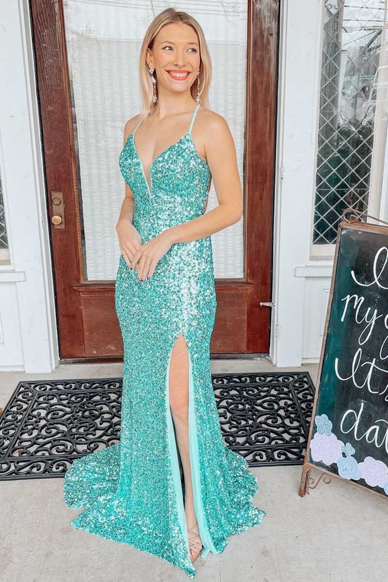 Light Jade Sequin Lace - Up Back Mermaid Long Prom Dress - KissProm