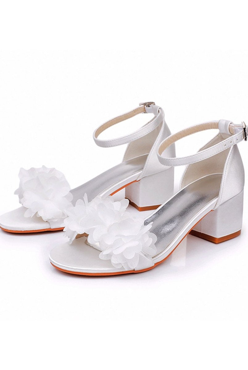 White Floral Satin Open Toe Low Chunky Heels - KissProm