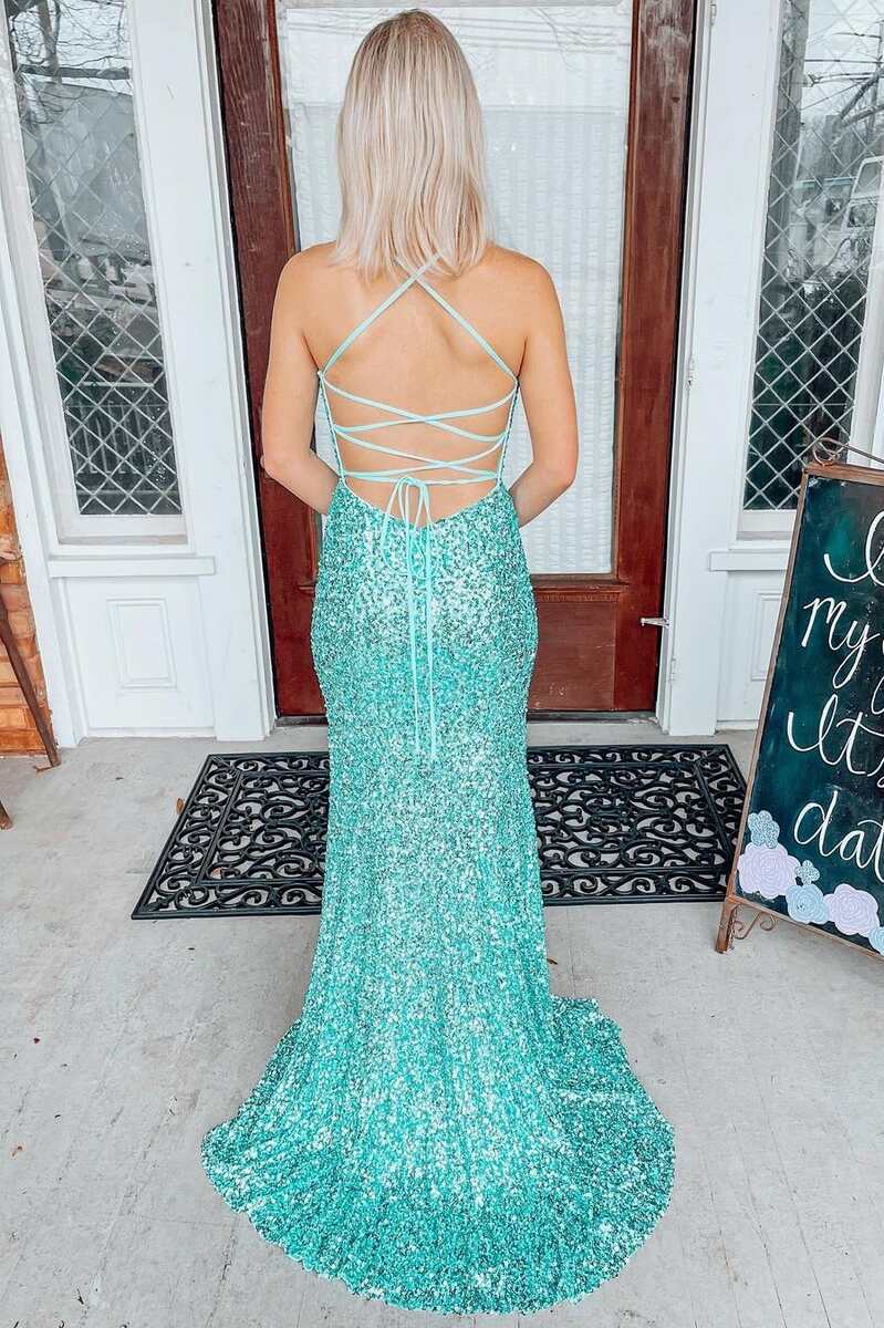 Light Jade Sequin Lace - Up Back Mermaid Long Prom Dress - KissProm