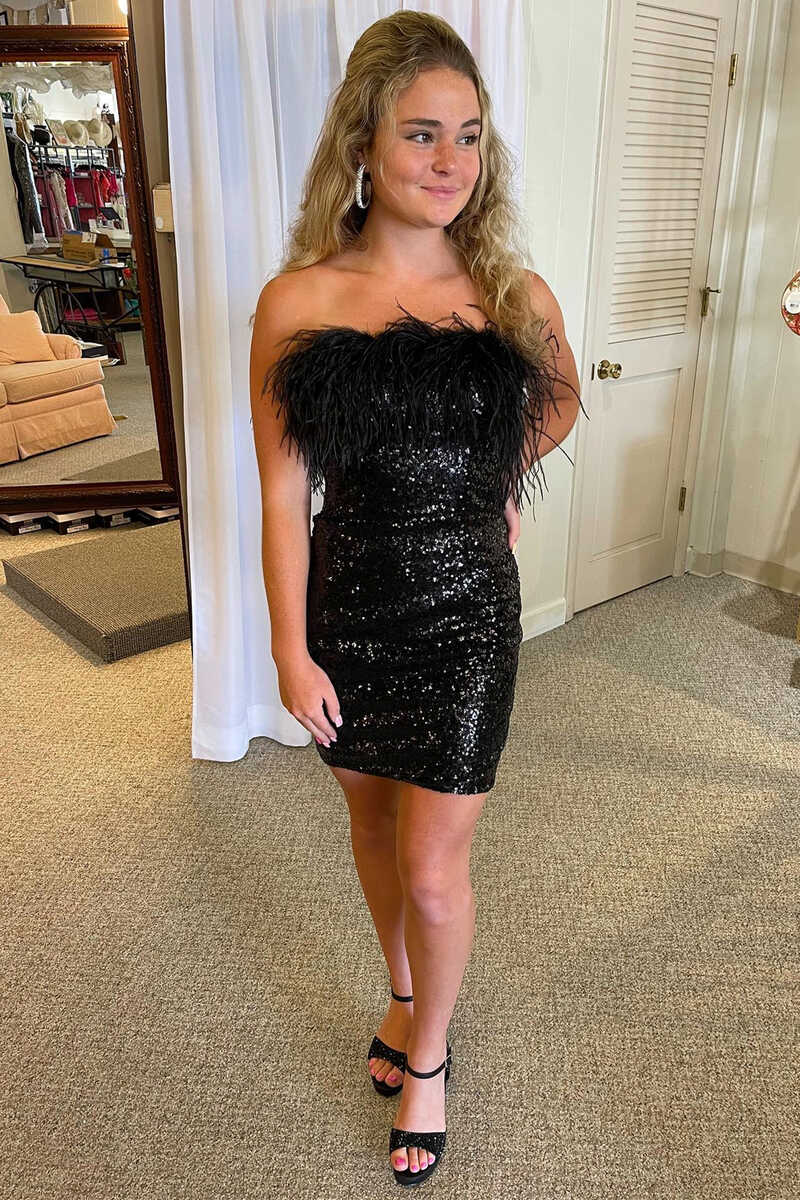 Farrah |Sheath Sequin Homecoming Dress with Feather