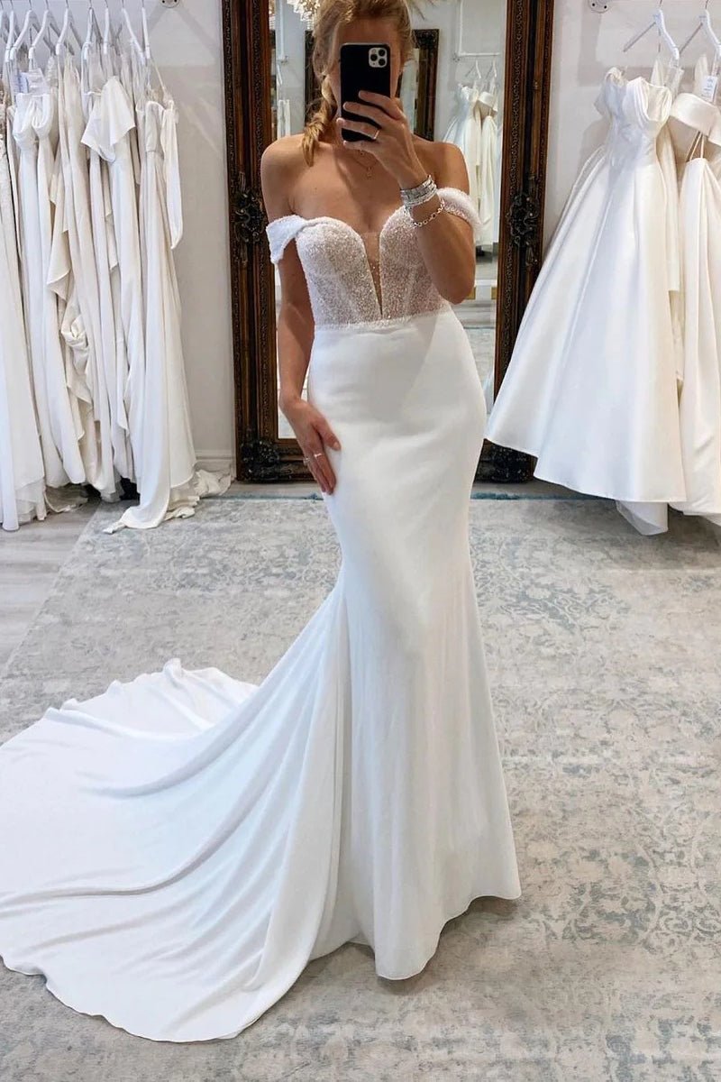Charming Mermaid Off the Shoulder Satin Long Wedding Dresses with Sequins