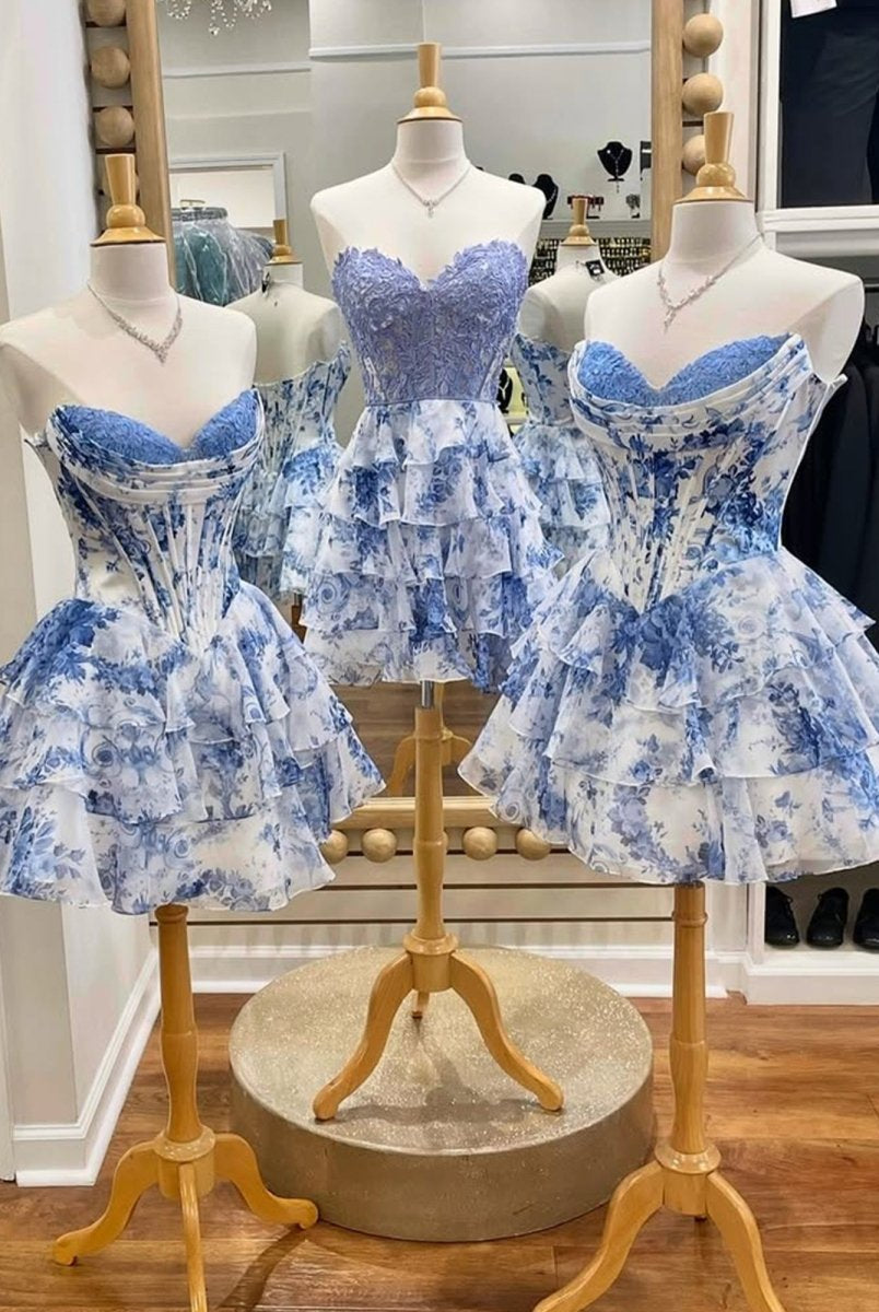Gilda | Sky Blue - A Line Sweetheart Floral Chiffon Corset Ruffled Homecoming Dresses