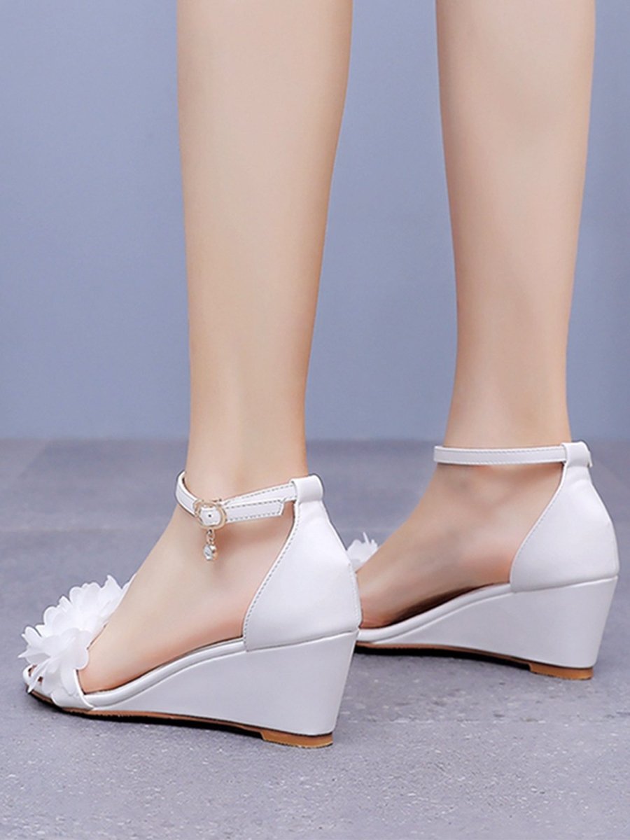White Floral Open Toe Ankle - Strap Beach Sandals - KissProm