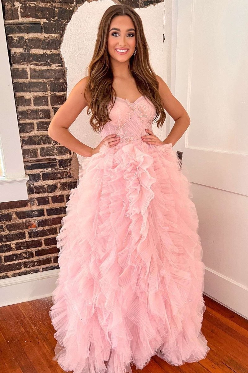 Pink Beaded Strapless Tiered Prom Dress with Ruffles - KissProm